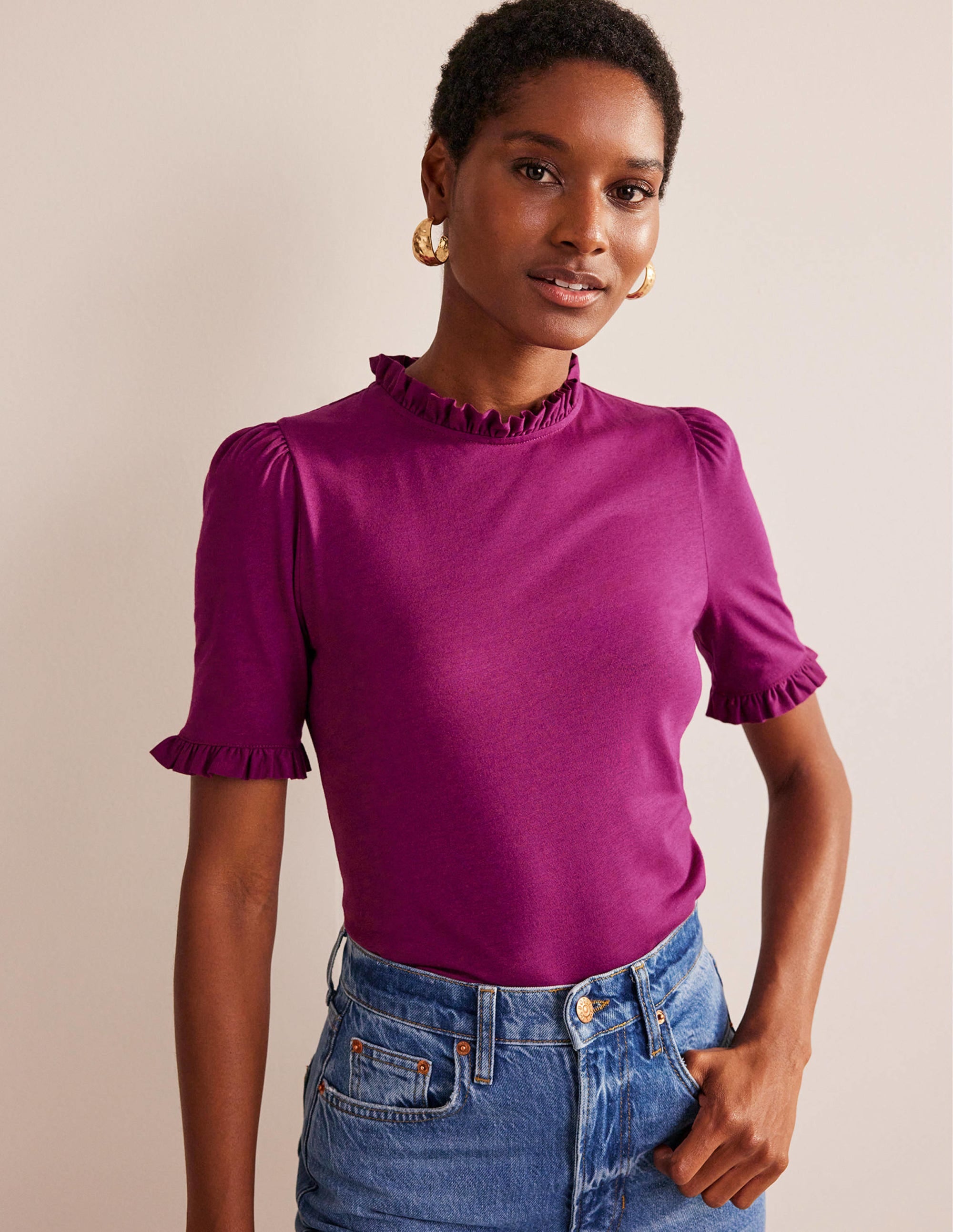 Supersoft Frill Detail T-shirt-Damson Berry - Image 1