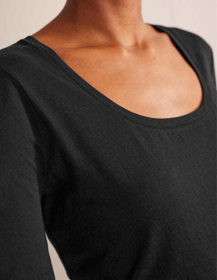3/4 Sleeve Scoop Neck Top-Black