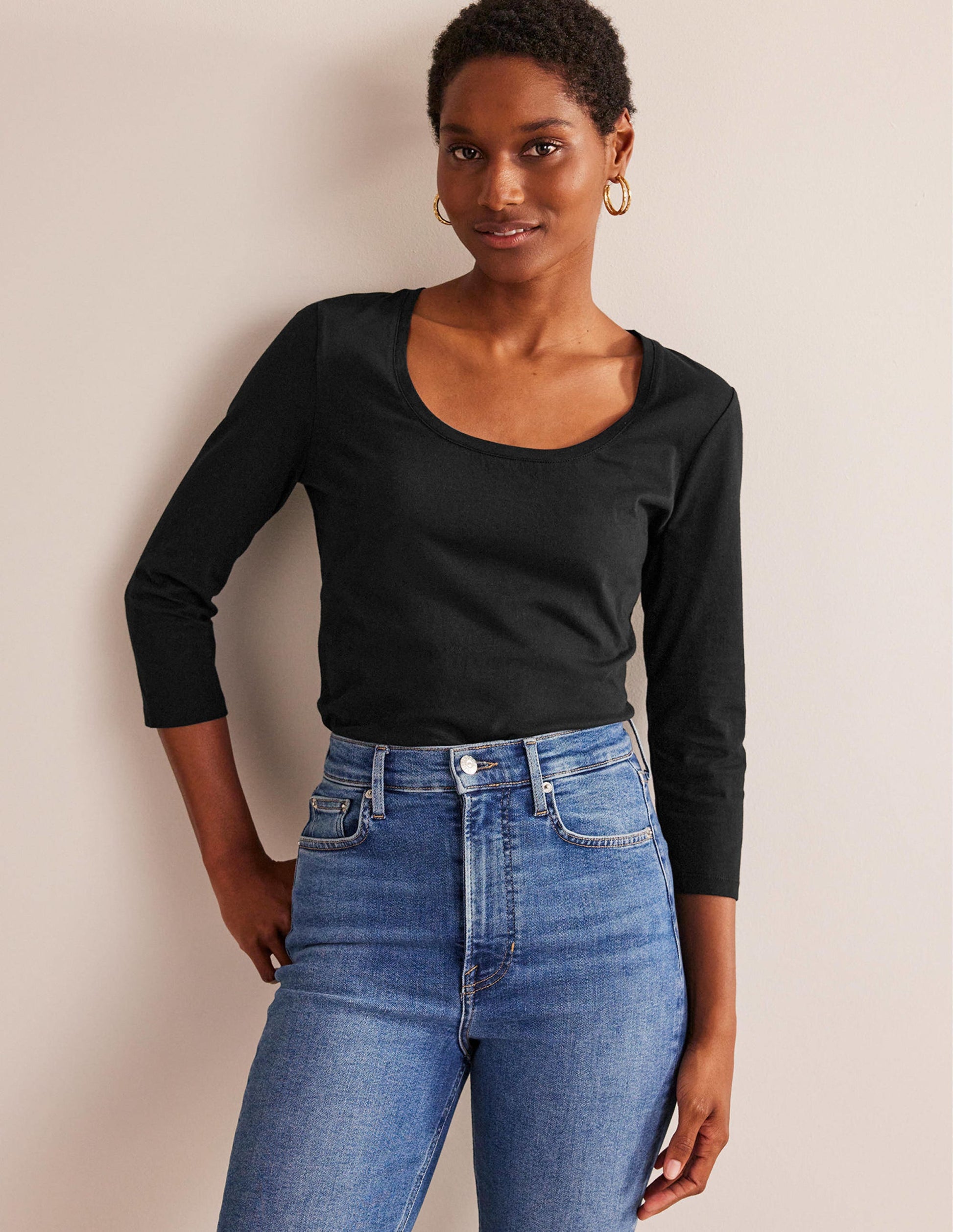 3/4 Sleeve Scoop Neck Top-Black-4