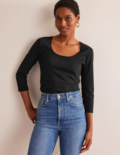 3/4 Sleeve Scoop Neck Top-Black-4