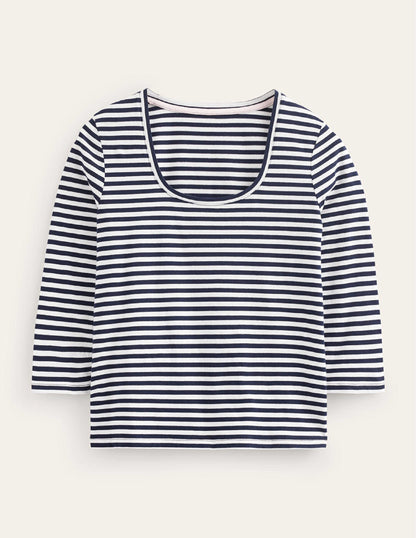 3/4 Sleeve Scoop Neck Top-Ivory, Navy-5