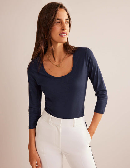 3/4 Sleeve Scoop Neck Top-Navy-1