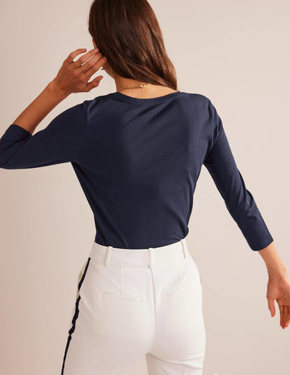 3/4 Sleeve Scoop Neck Top-Navy-3