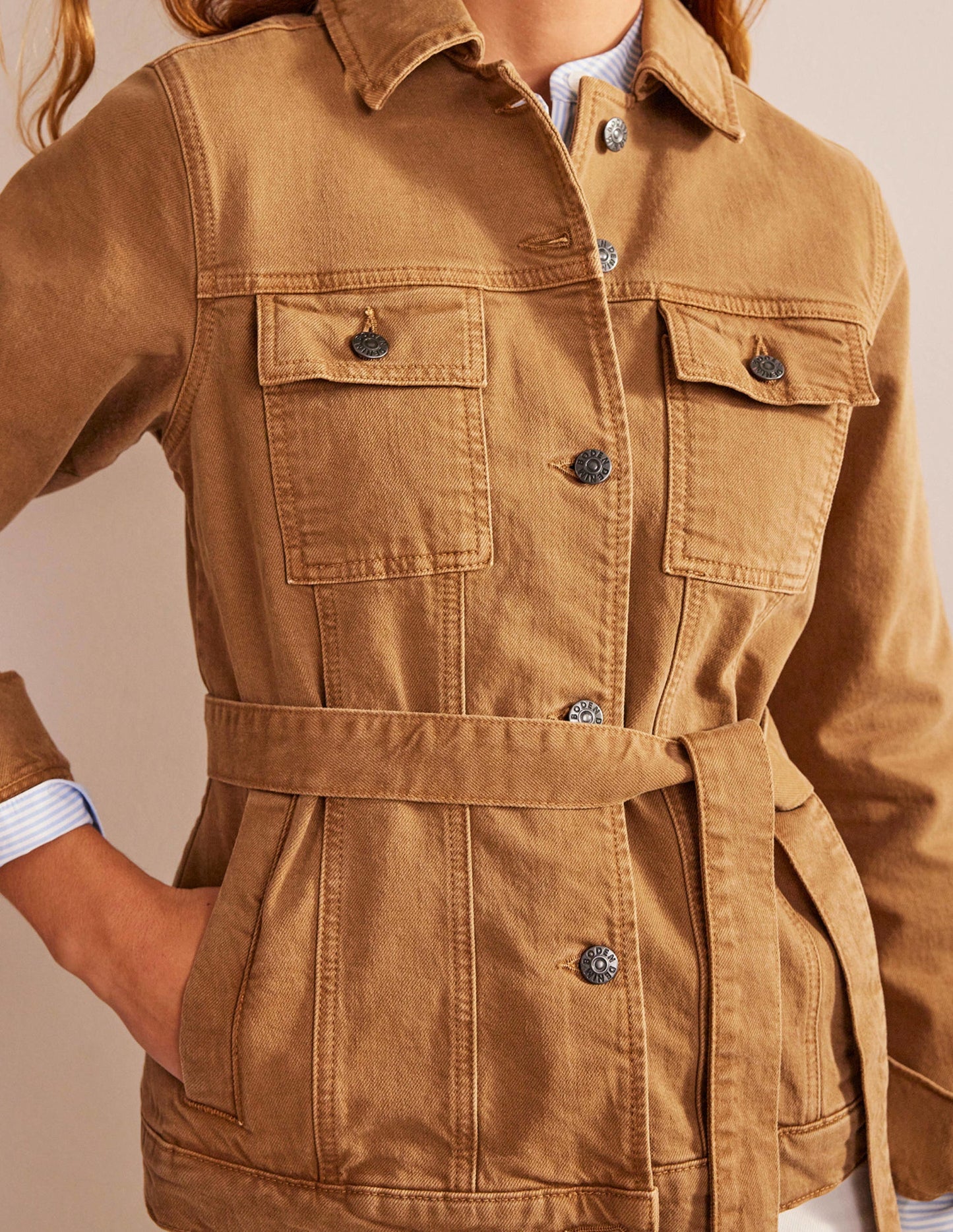 Belted Denim Jacket-Raw Umber