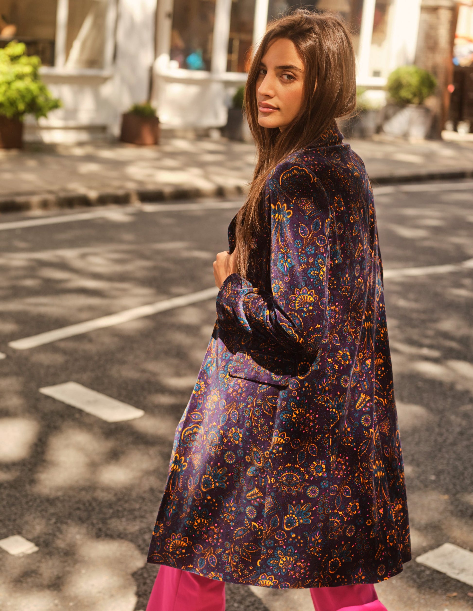 Canterbury Velvet Coat-French Navy, Azalea Bloom-5