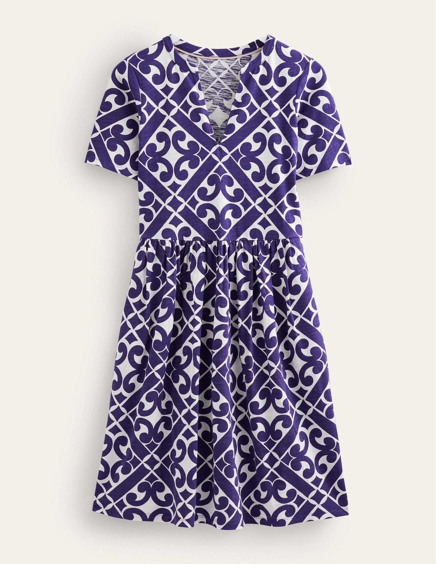 Easy Notch Neck Jersey Dress-Prussian Blue, Tranquil Geo