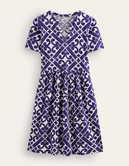 Easy Notch Neck Jersey Dress-Prussian Blue, Tranquil Geo-5