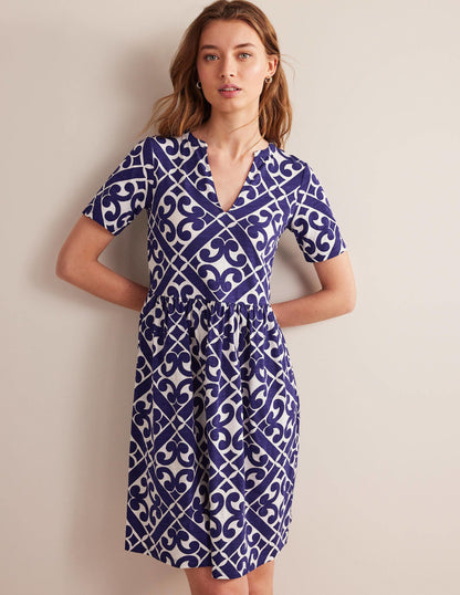 Easy Notch Neck Jersey Dress-Prussian Blue, Tranquil Geo-1