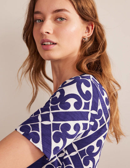 Easy Notch Neck Jersey Dress-Prussian Blue, Tranquil Geo-2