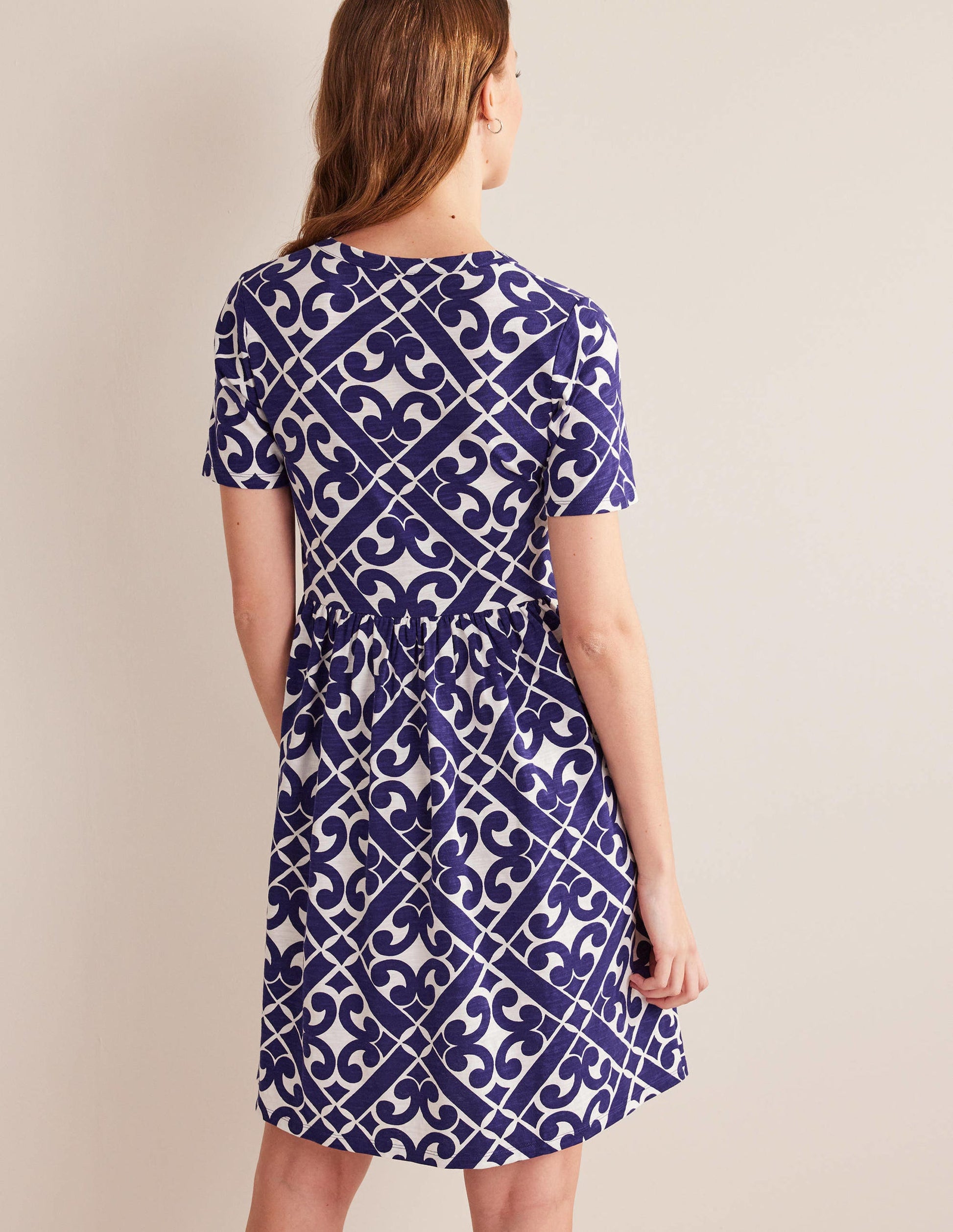 Easy Notch Neck Jersey Dress-Prussian Blue, Tranquil Geo-3