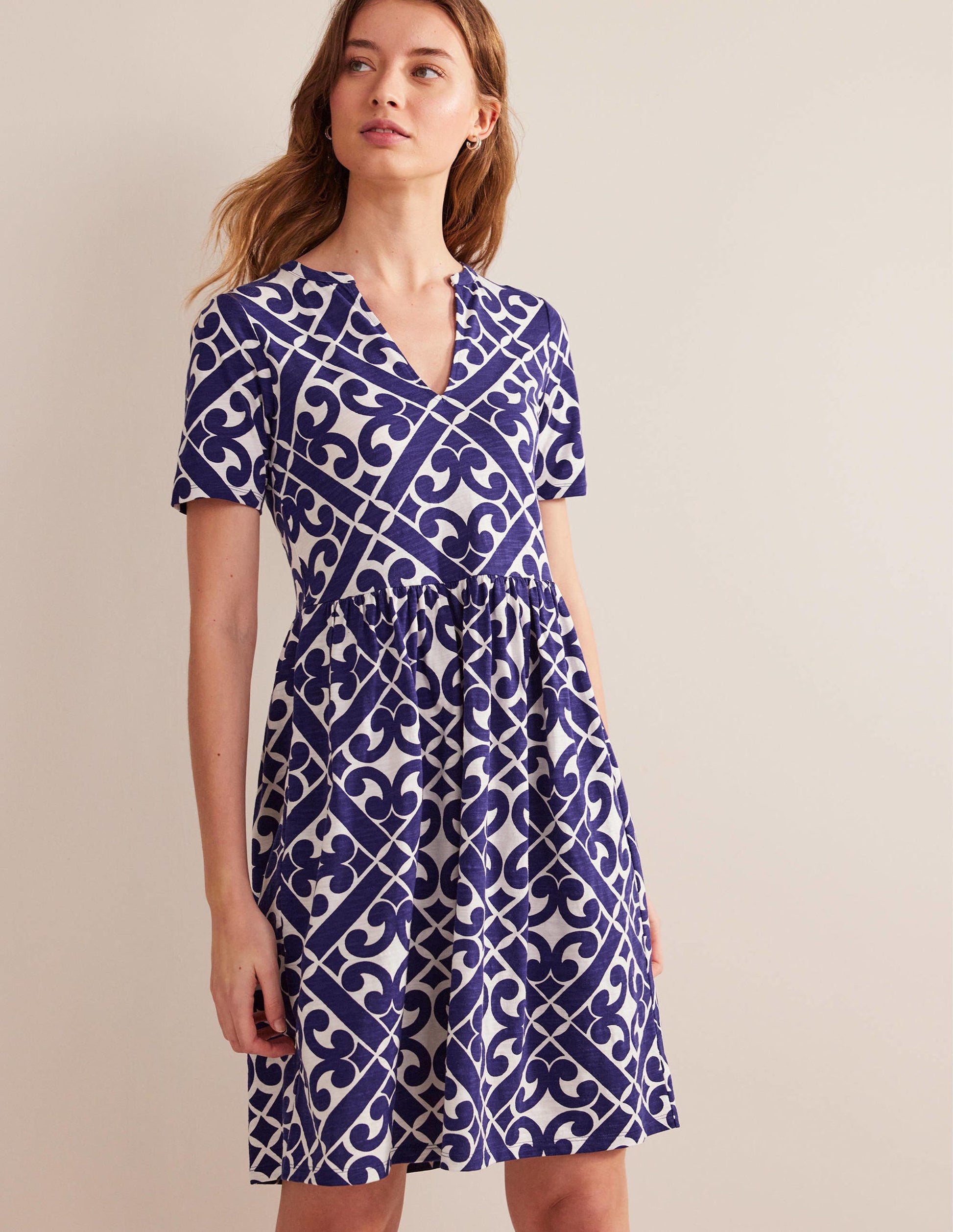 Easy Notch Neck Jersey Dress-Prussian Blue, Tranquil Geo-4