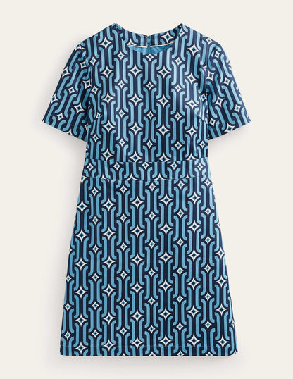 Cotton Mini Shift Dress-Delphinium Blue, Azure Geo-7
