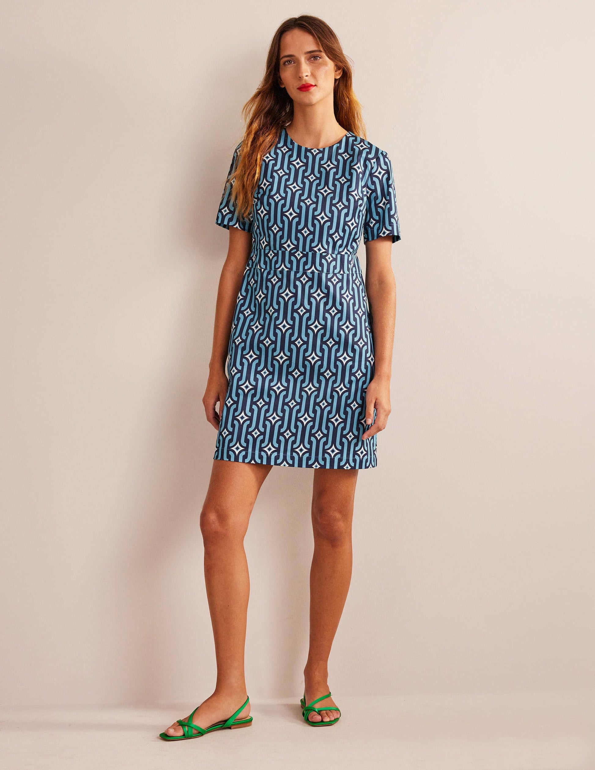 Cotton Mini Shift Dress-Delphinium Blue, Azure Geo-1