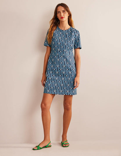 Cotton Mini Shift Dress-Delphinium Blue, Azure Geo-1