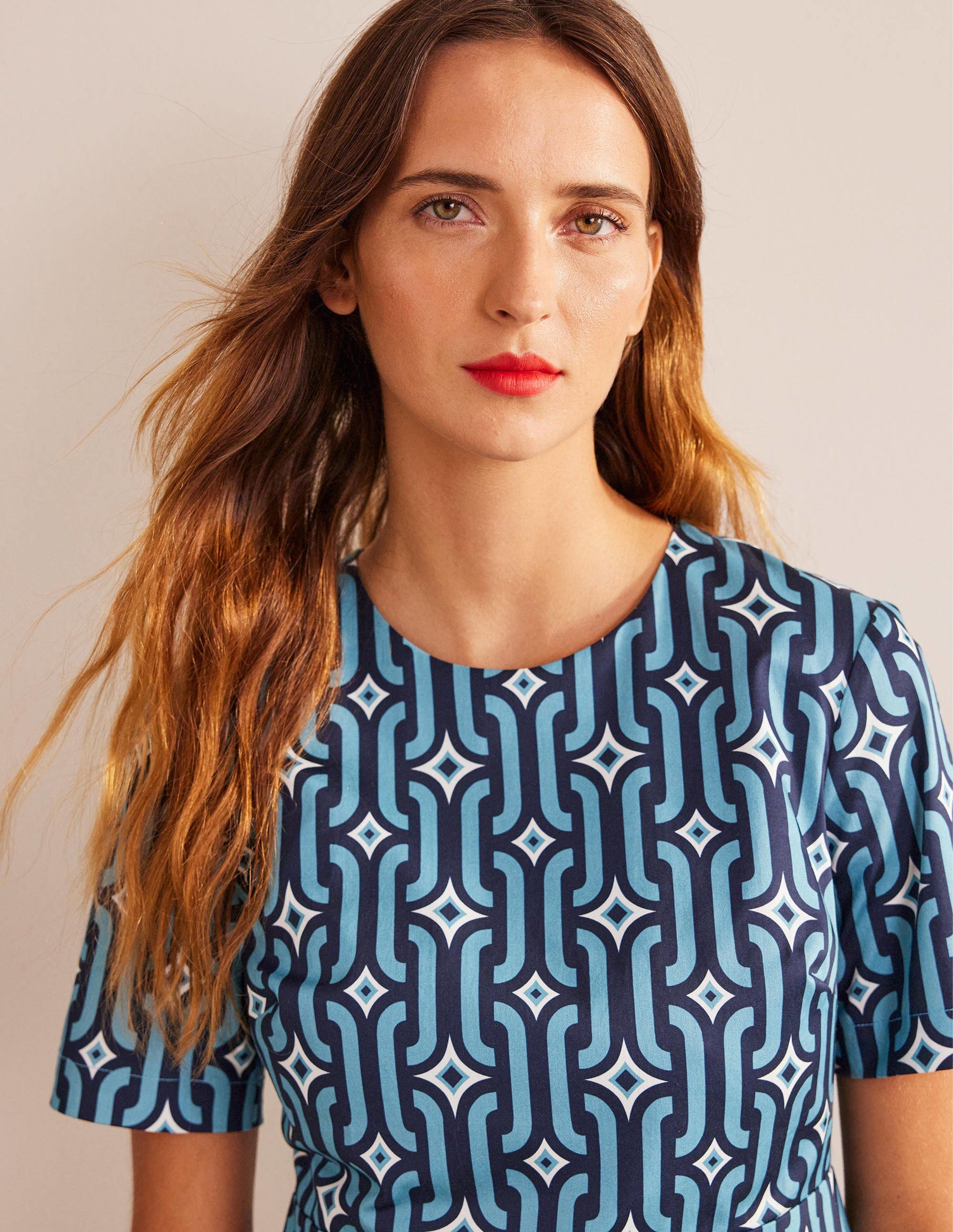 Cotton Mini Shift Dress-Delphinium Blue, Azure Geo-2