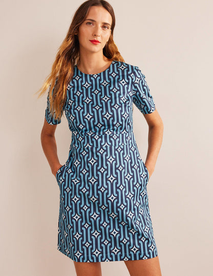 Cotton Mini Shift Dress-Delphinium Blue, Azure Geo-4