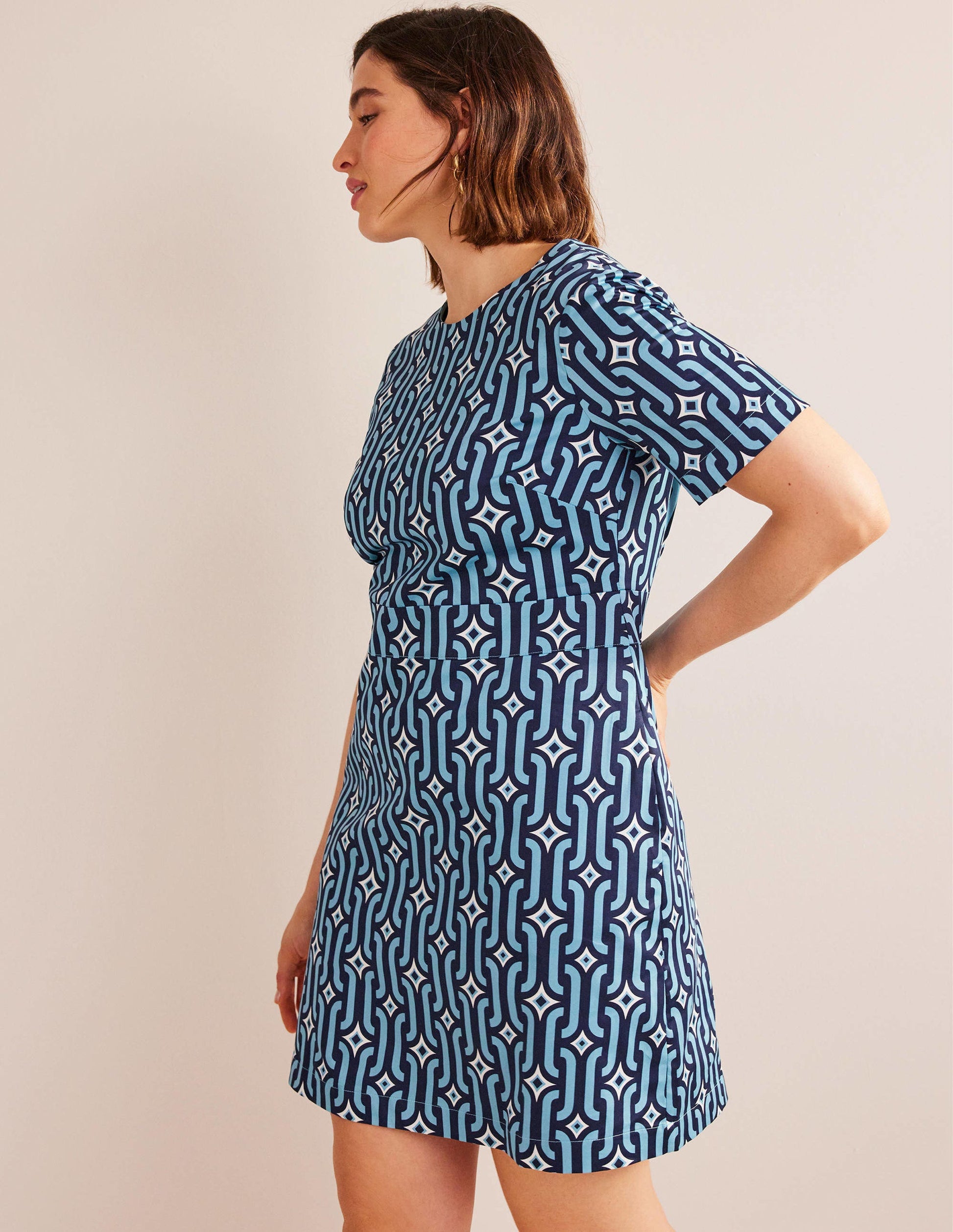 Cotton Mini Shift Dress-Delphinium Blue, Azure Geo-5