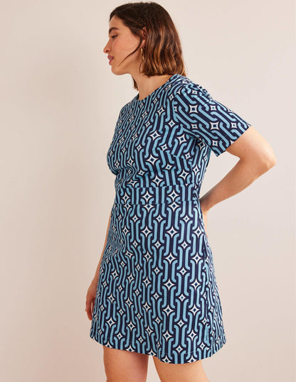 Cotton Mini Shift Dress-Delphinium Blue, Azure Geo-5