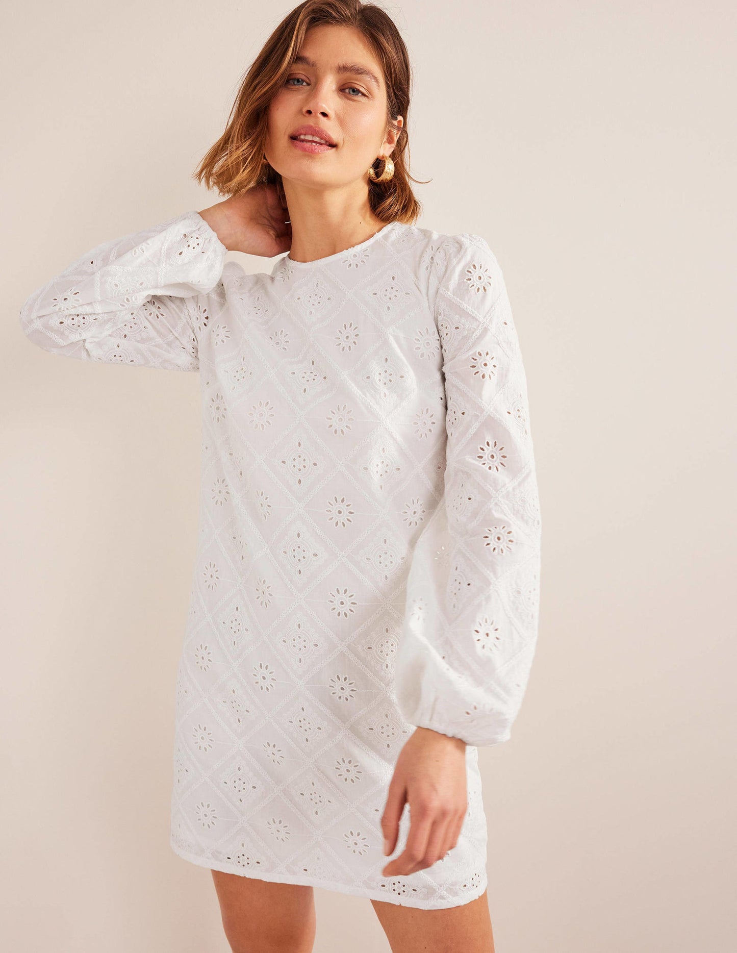 Broderie Mini Shift Dress-White