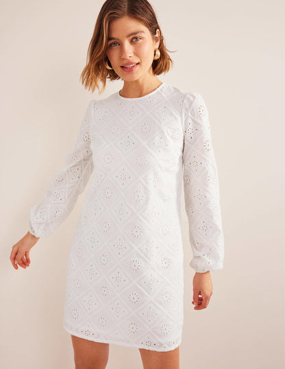 Broderie Mini Shift Dress-White-4