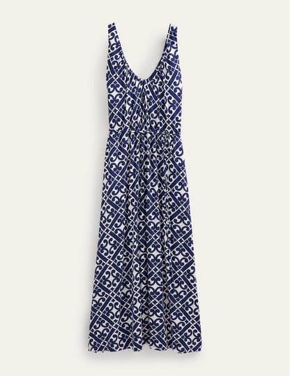 V-Neck Jersey Maxi Dress-Prussian Blue, Tranquil Geo-5