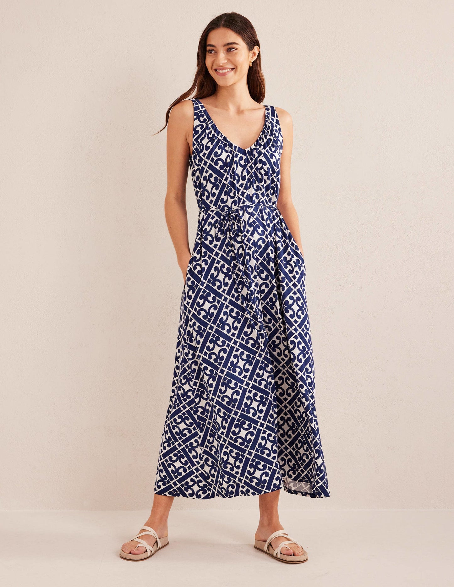V-Neck Jersey Maxi Dress-Prussian Blue, Tranquil Geo