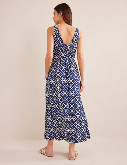 V-Neck Jersey Maxi Dress-Prussian Blue, Tranquil Geo-3