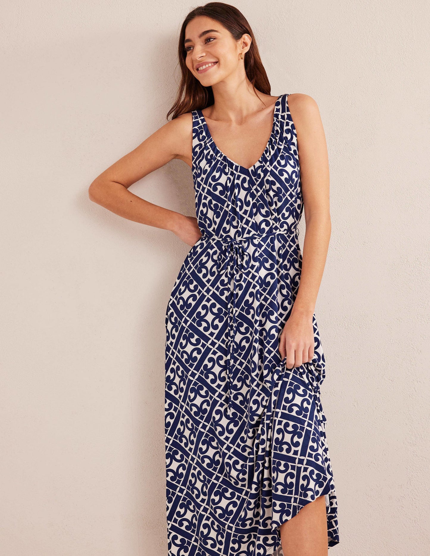 V-Neck Jersey Maxi Dress-Prussian Blue, Tranquil Geo