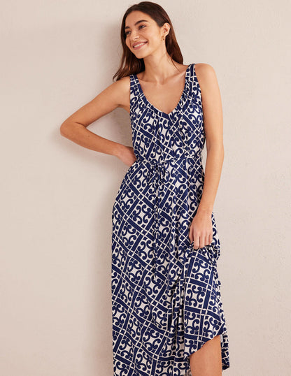 V-Neck Jersey Maxi Dress-Prussian Blue, Tranquil Geo-4