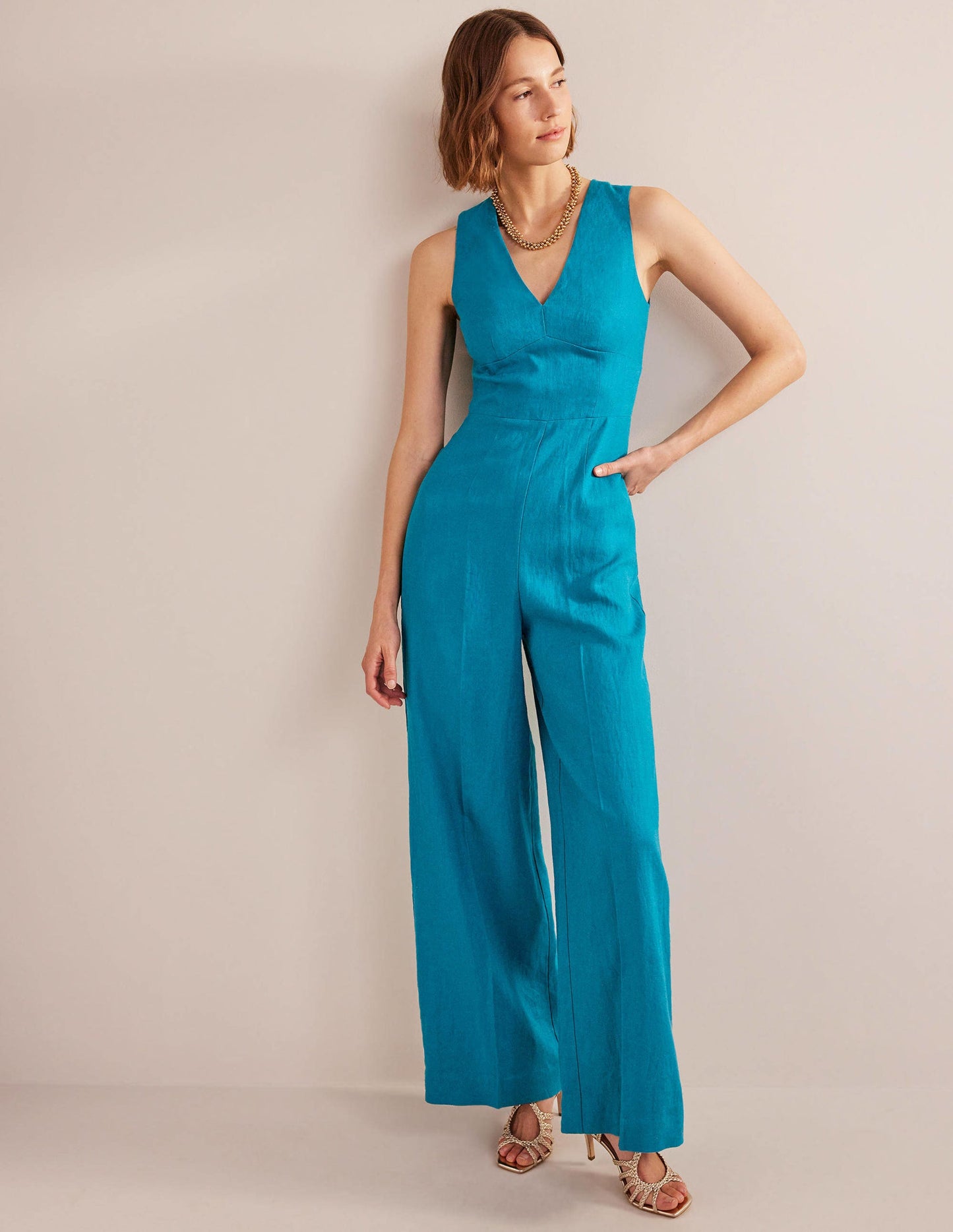 V-Neck Occasion Jumpsuit-Crystal Teal