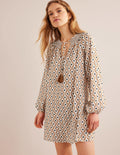Smocked Neck Beach Kaftan-Cashew, Geo Trance