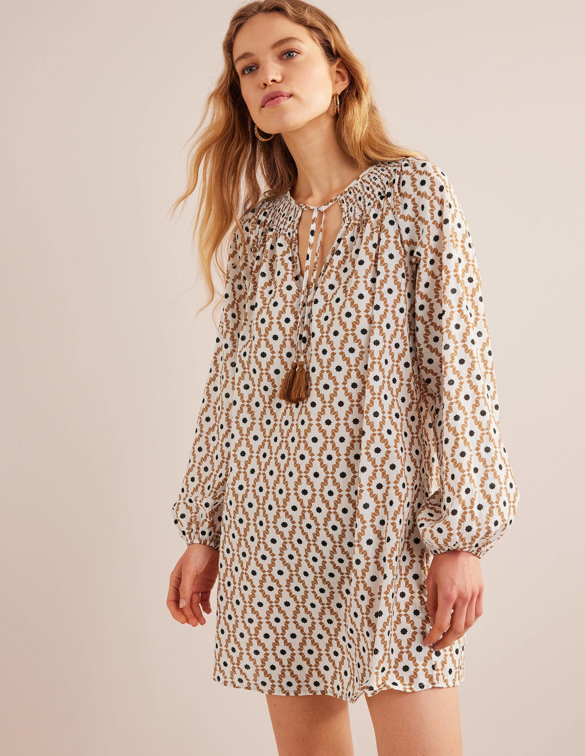 Smocked Neck Beach Kaftan-Cashew, Geo Trance-1