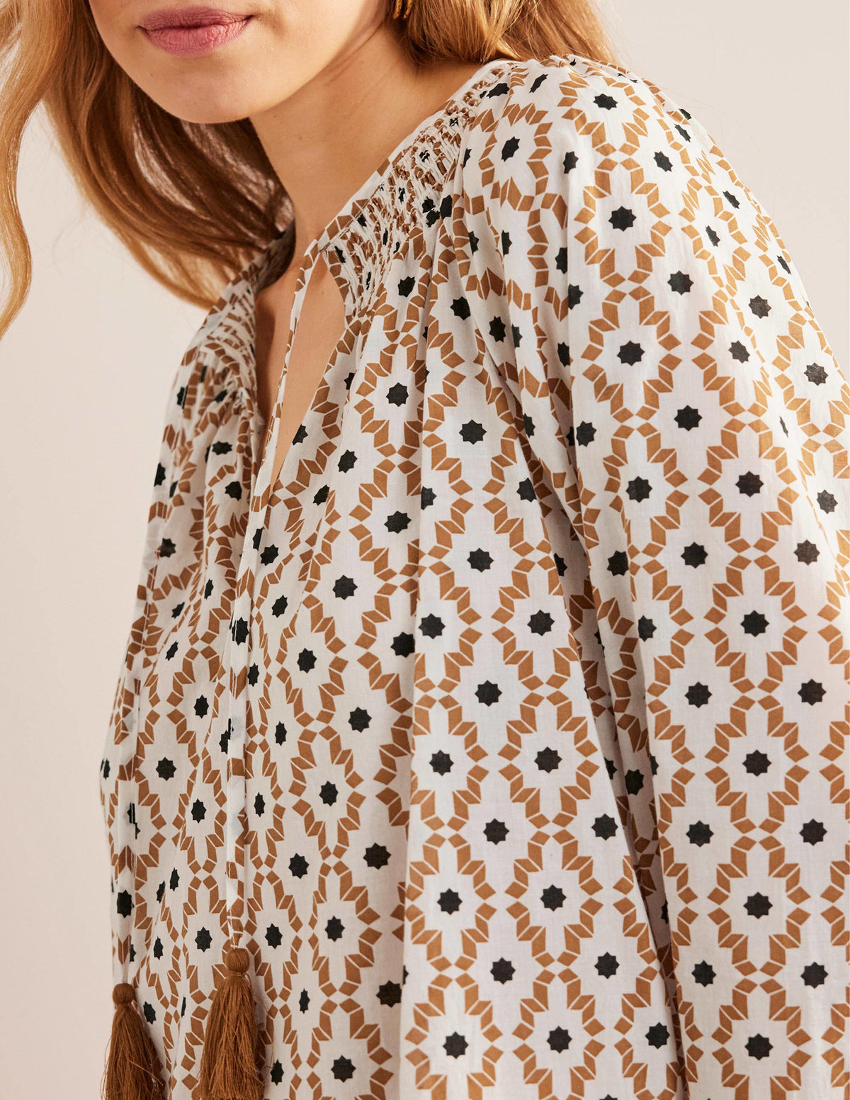 Smocked Neck Beach Kaftan-Cashew, Geo Trance-2