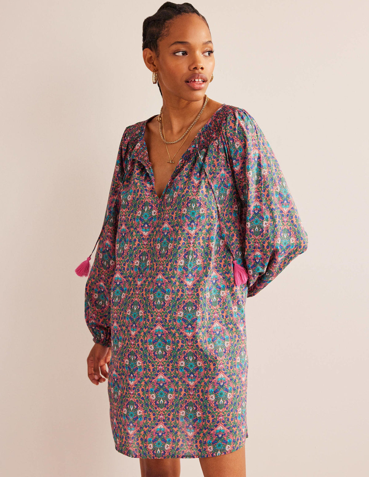 Smocked Neck Beach Kaftan-Multi, Vine Terrace-1