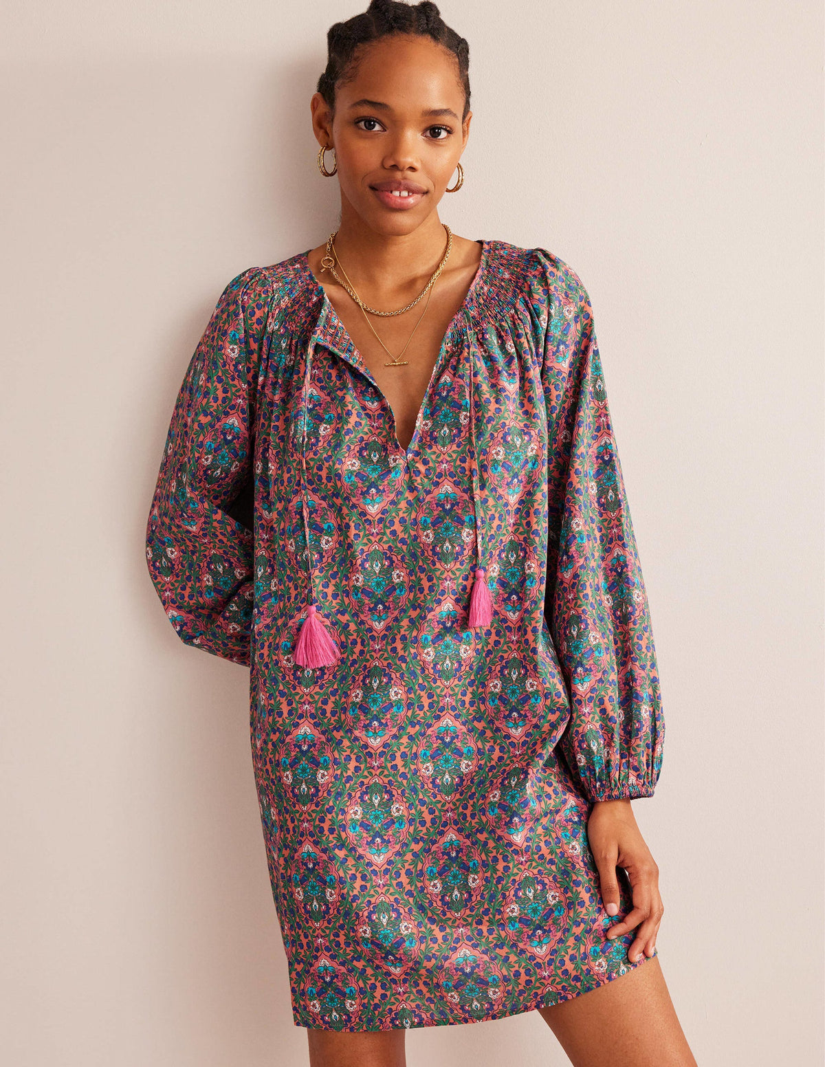 Smocked Neck Beach Kaftan-Multi, Vine Terrace-4