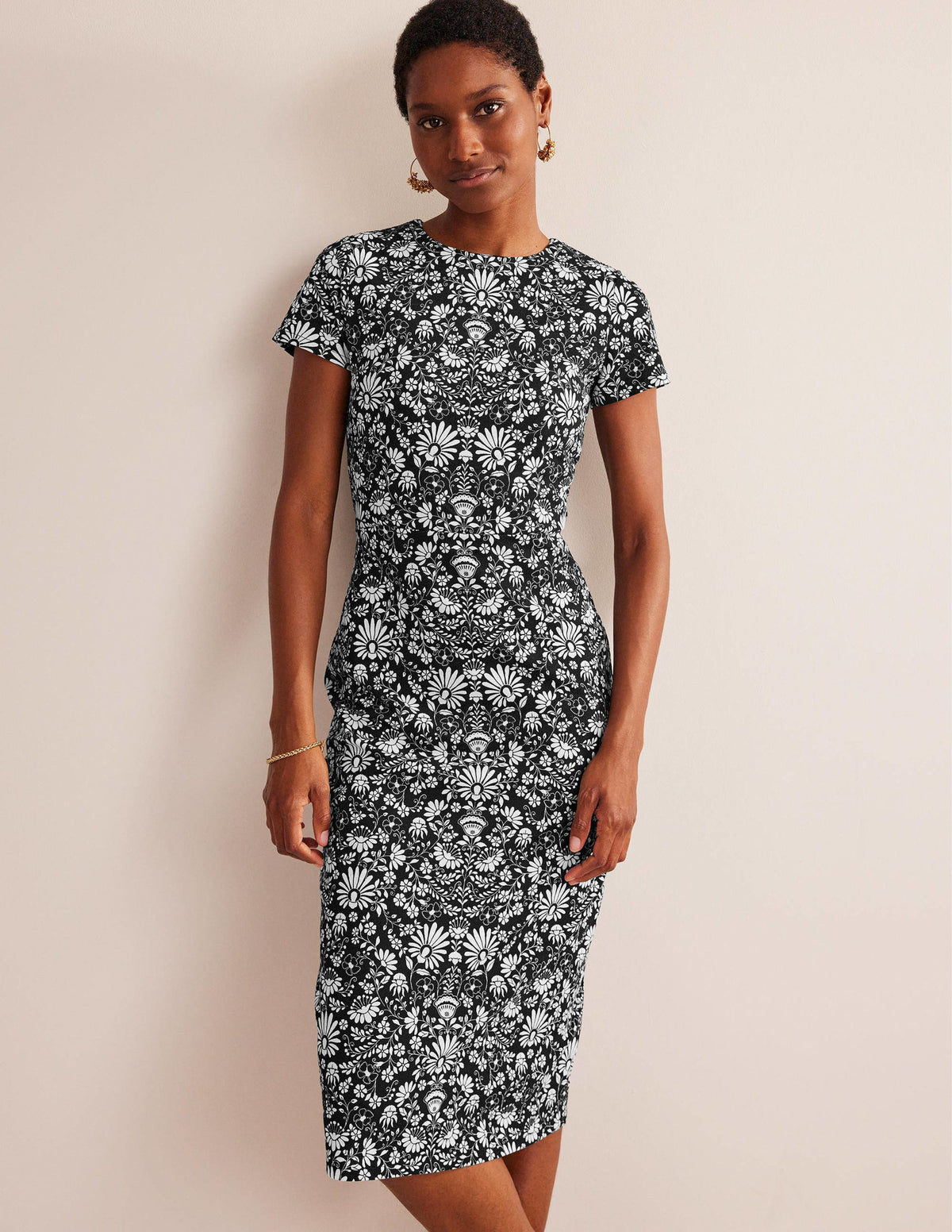Jersey Column Midi Dress-Black, Gardenia Sprig - Image 4
