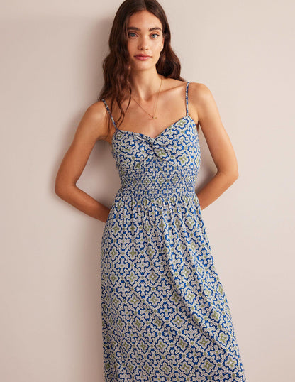 Twist Front Jersey Midi Dress-Blue Heron, Flora Tile