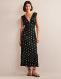 Smocked Jersey Maxi Dress-Black, Tranquil Leaf