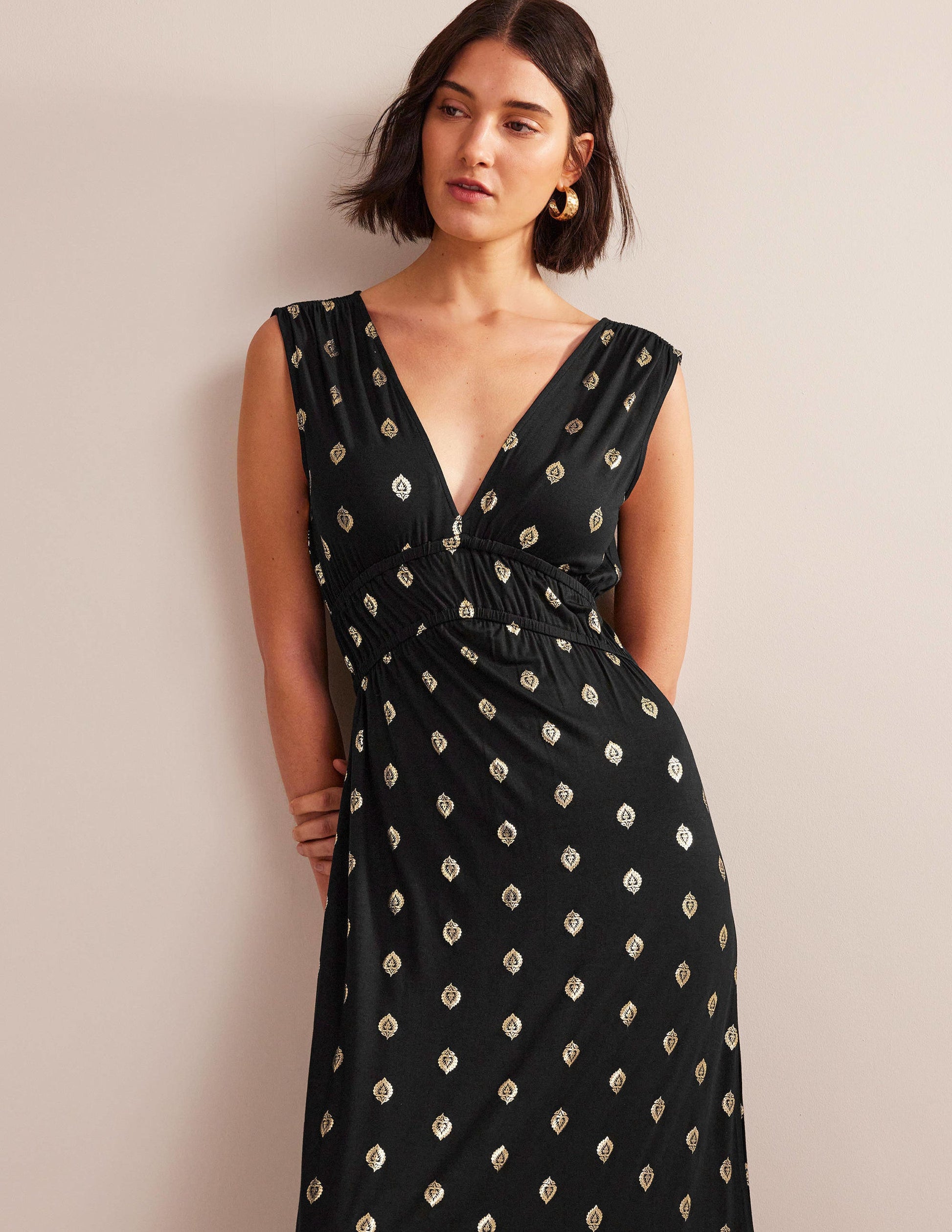 Smocked Jersey Maxi Dress-Black, Tranquil Leaf-4