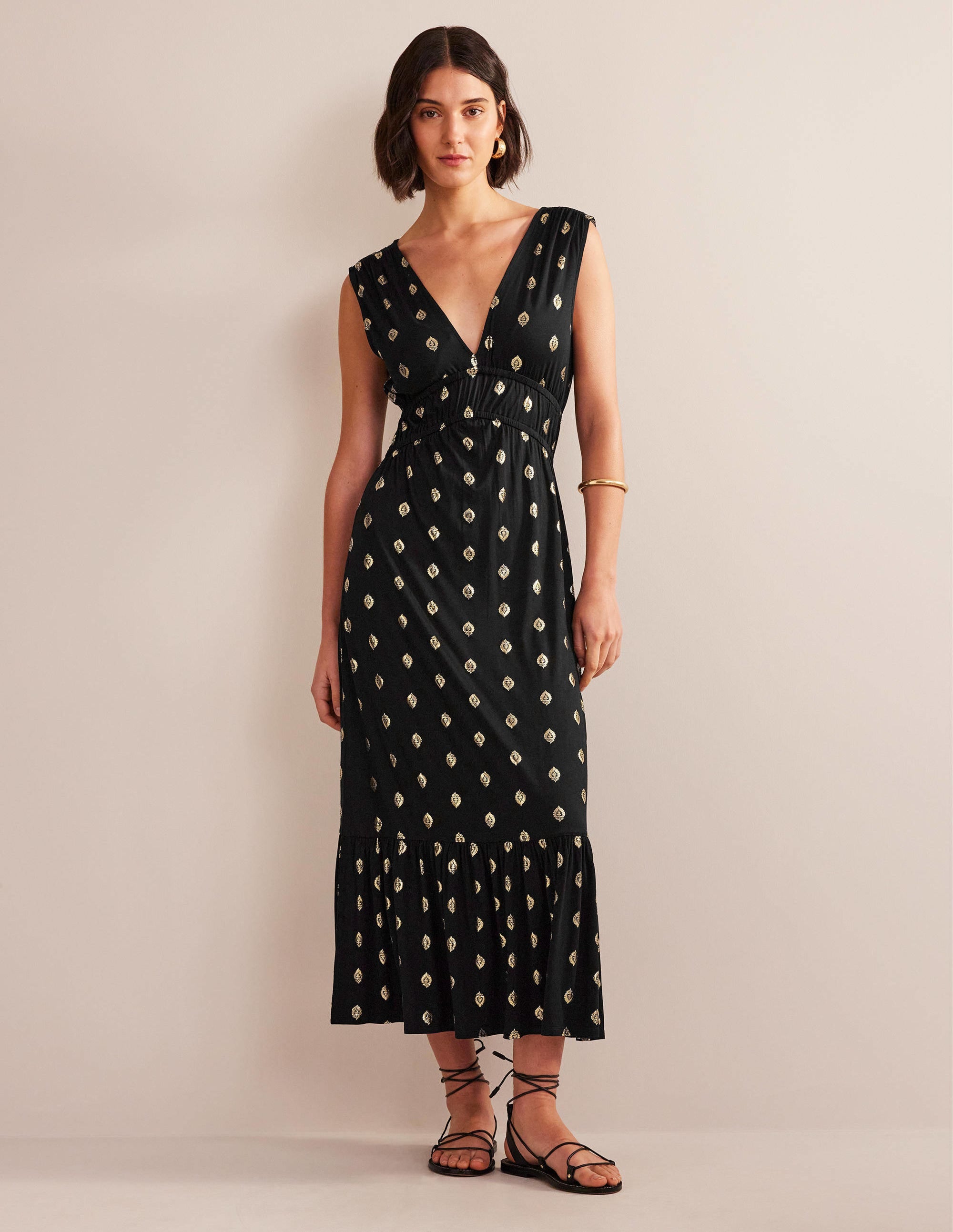 Smocked Jersey Maxi Dress-Black, Tranquil Leaf - Image 5