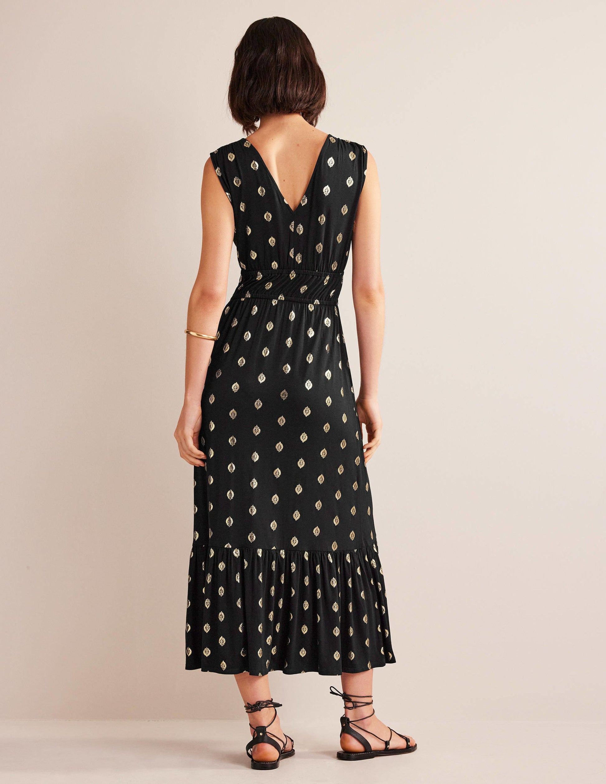 Smocked Jersey Maxi Dress-Black, Tranquil Leaf-6