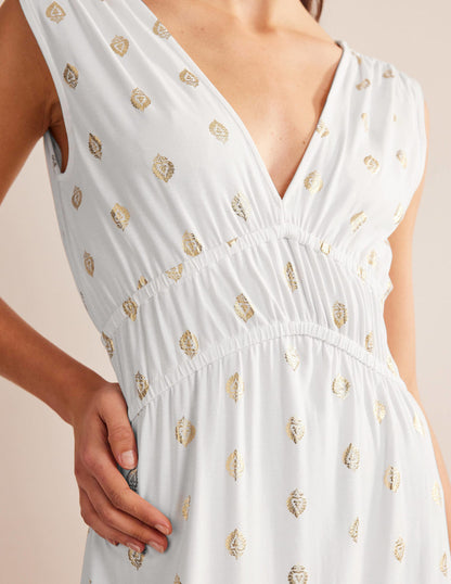 Smocked Jersey Maxi Dress-White, Tranquil Leaf-2