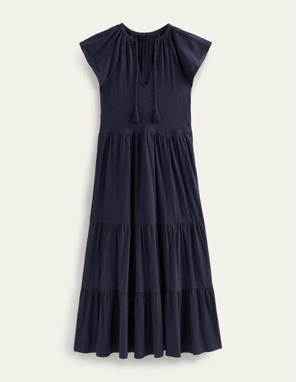 Tiered Jersey Midi Dress-Navy
