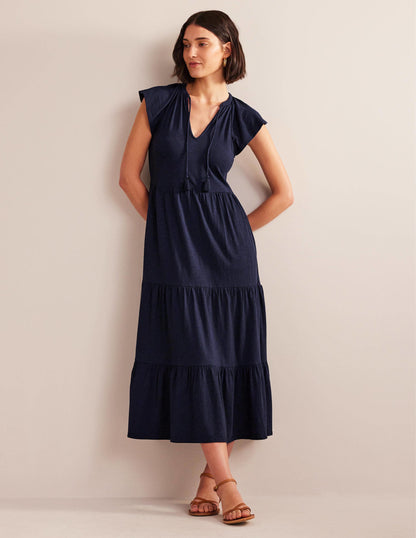 Tiered Jersey Midi Dress-Navy