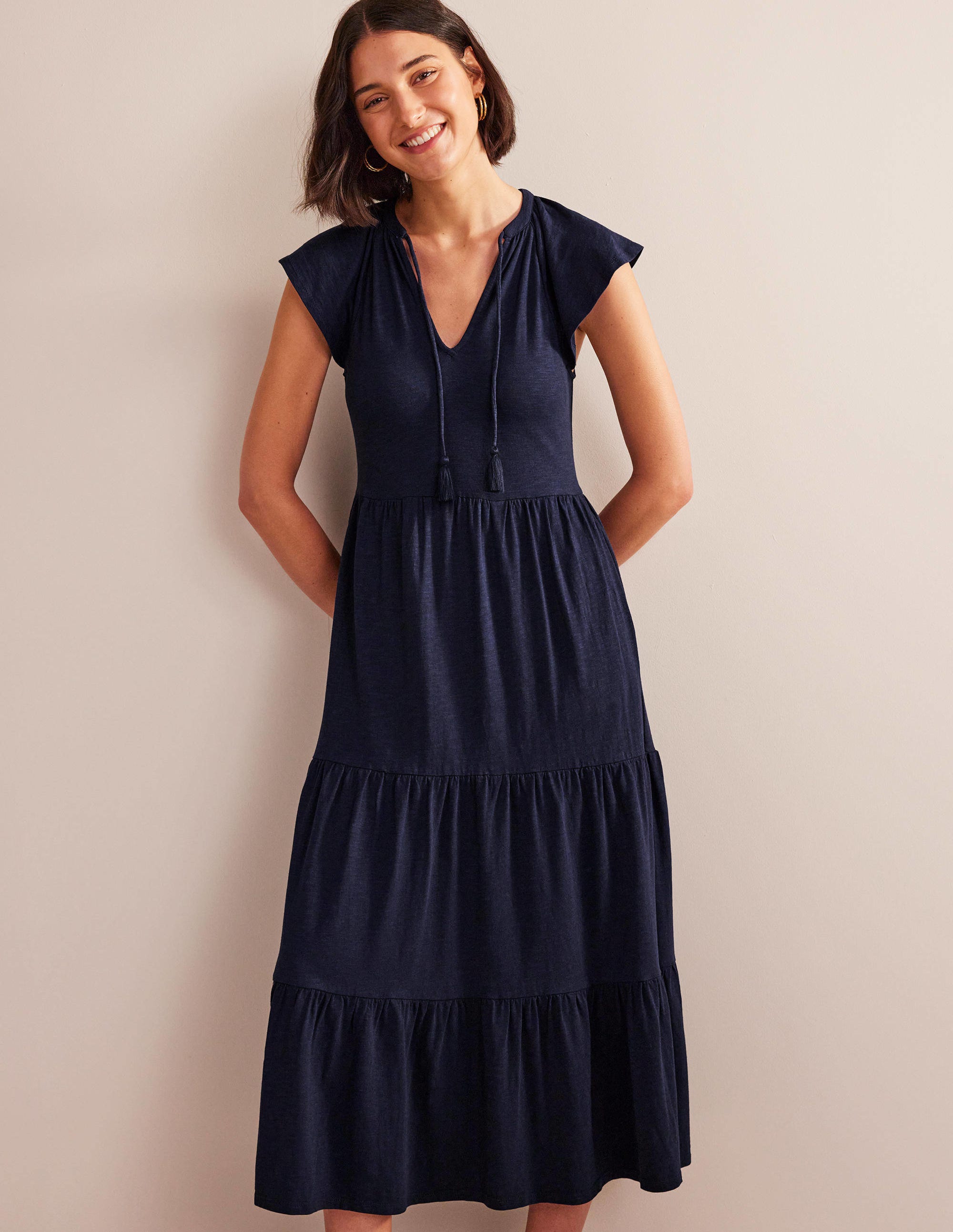 Tiered Jersey Midi Dress-Navy - Image 4