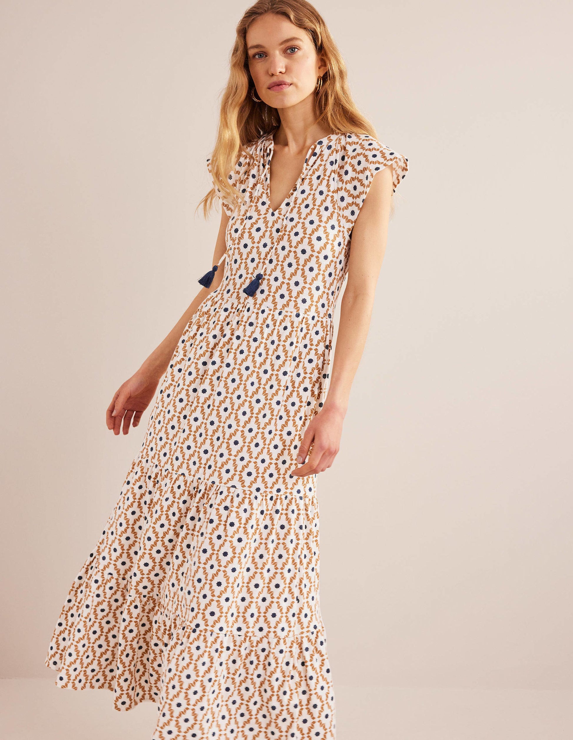 Tiered Jersey Midi Dress-Dorset Cream, Geo Diamond-1