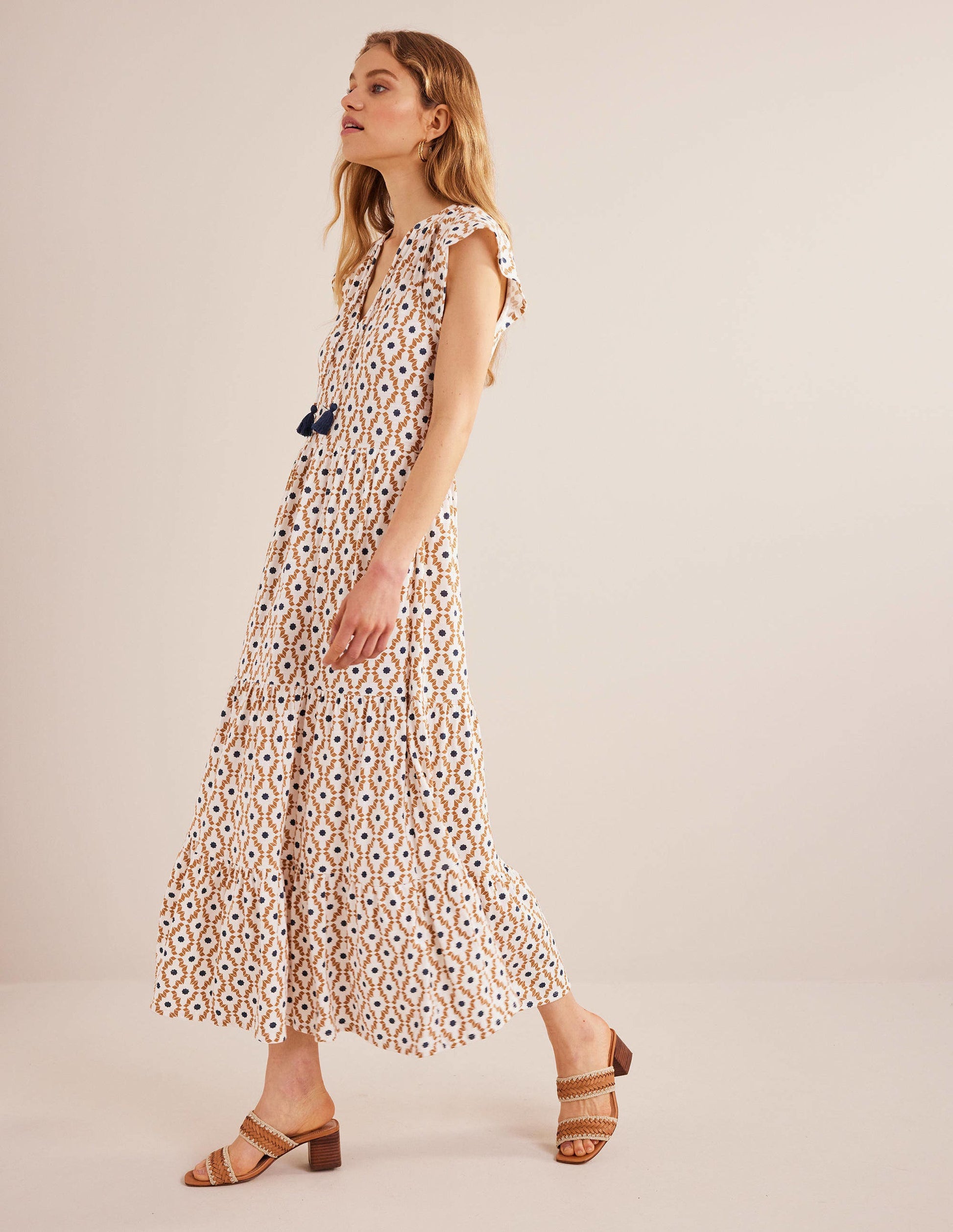 Tiered Jersey Midi Dress-Dorset Cream, Geo Diamond-4
