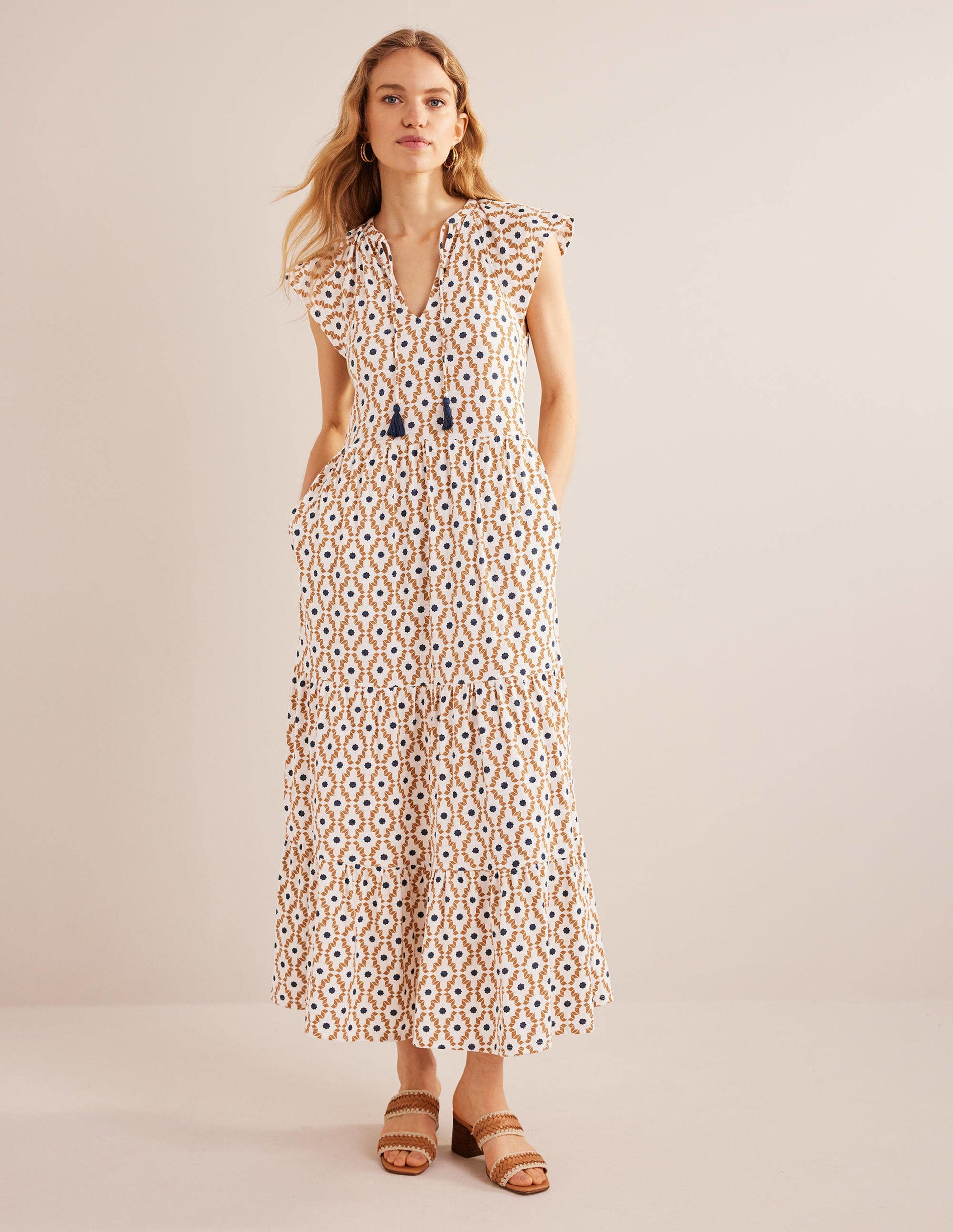 Tiered Jersey Midi Dress-Dorset Cream, Geo Diamond-5