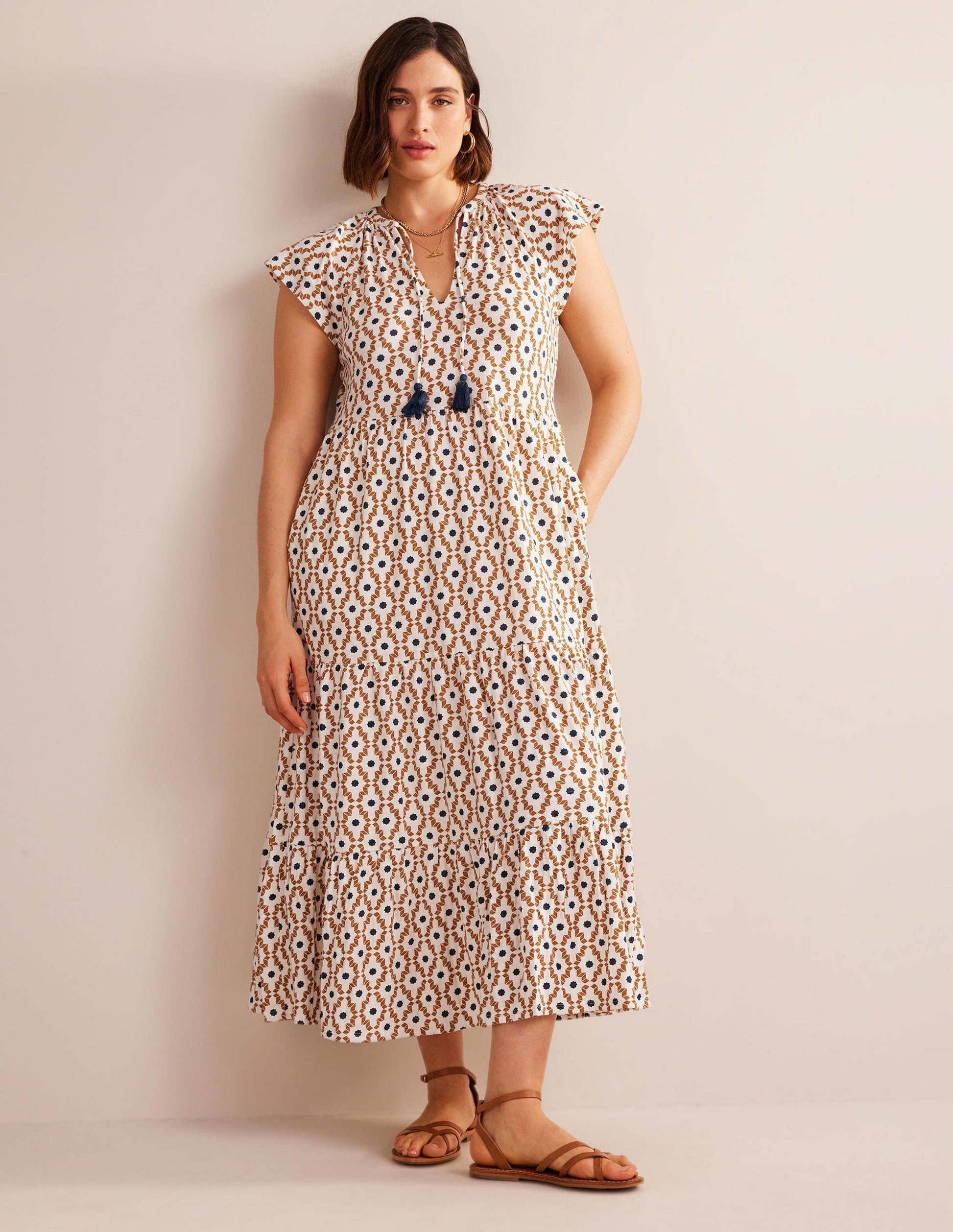 Tiered Jersey Midi Dress-Dorset Cream, Geo Diamond-6