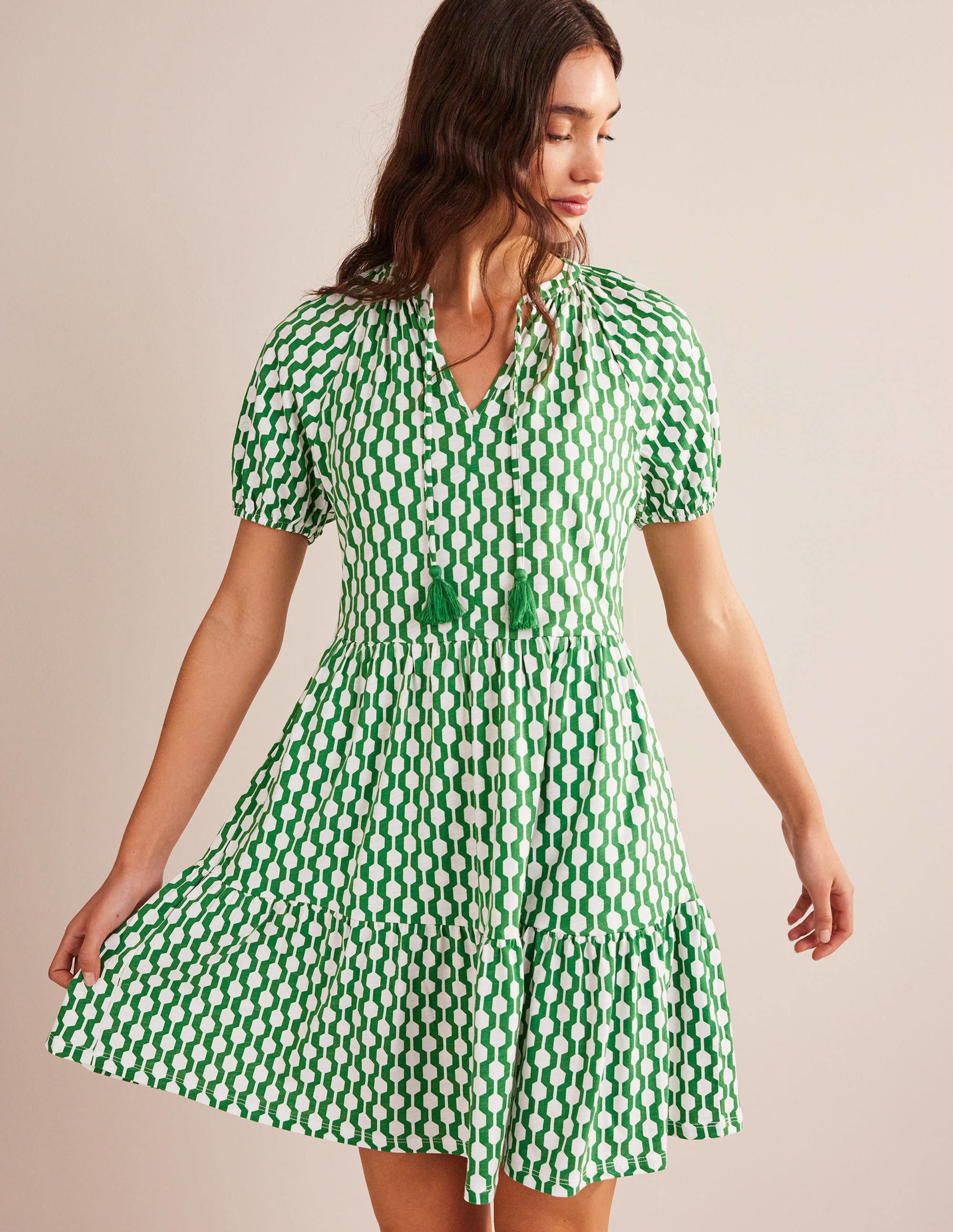 Short Sleeve Jersey Mini Dress-Rolling Hills, Geo Azure - Image 1